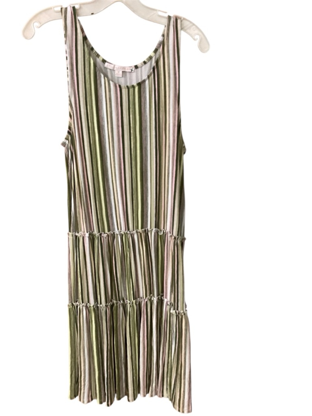 Sleeveless Striped Tiered Casual Dress - Olive, Pink & Cream